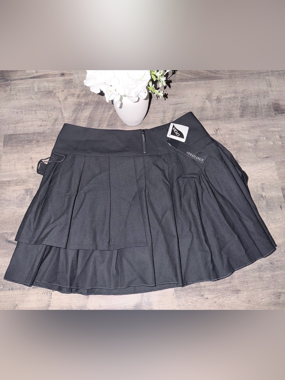 NWT Ideology Women's Black Layered Pleated Skater Skirt